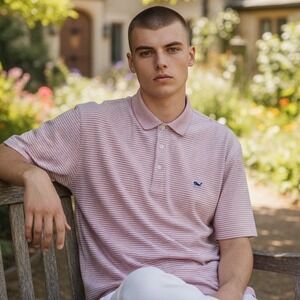 Vineyard Vines Mens XL On-The-Go Sankaty Polo Shirt Red White Stripe Performance